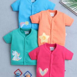 BUMZEE Cotton Knit Front Open Half Sleeves Unicorn Theme Printed Jhablas Pack Of 4 - Dark Pink Blue & Orange-image-10