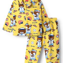 Babyhug Cotton Knit Full Sleeves Front Open Co-Ords Night Suit With Cartoon Print - Yellow-image-76