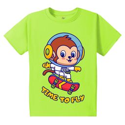 KAVEE Pure Cotton Half Sleeves Baby Monkey & Time To Fly Text Printed Bio Washed Tee - Neon Green-image-51