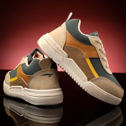asian Colour Blocked With Lace Up Sneakers - Beige & Green-image-44