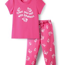 Honeyhap Premium Cotton Knit Half Sleeves Night Suit With Bio Finish & Butterfly Print - Fandango Pink-image-37