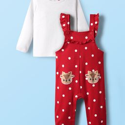 Babyhug Interlock Knit Full Sleeves T-Shirt & Dungaree With Polka Dots & Reindeer Print - White & Red-image-59