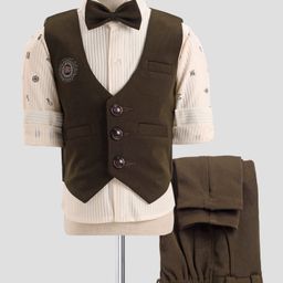 Radutu Full Sleeves Ribbed & Moon Printed 3 Piece Party Suit With Bow Set - Olive & Off White-image-12