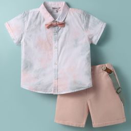ToffyHouse Poplin Woven Half Sleeves Tie & Dye Printed Shirt & Shorts With Bow & Suspender - White & Light Pink-picture-4