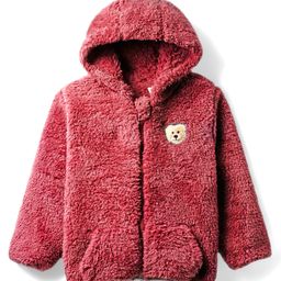 Babyhug Woven Full Sleeves Hooded Winter Jacket With Teddy Bear Embroidery & Kangaroo Pockets - Maroon-image-17