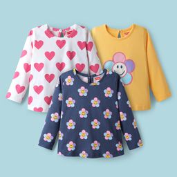 Babyhug 100% Cotton Knit Full Sleeves T-Shirt with Floral & Heart Print Pack of 3 - Navy Blue Yellow & White-picture-35