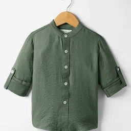 JASH KIDS Cotton Woven Full Sleeves Solid Color Mandarin Collar Shirt - Olive Green-picture-15