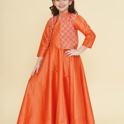 Bitiya By Bhama Silk Woven Solid Dress With Three Fourth Sleeves Mirror Work Detailed Jacket - Rust Orange-image-98