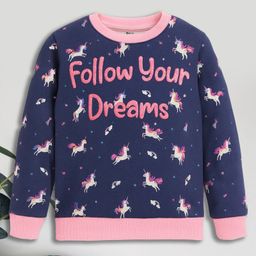 3PIN Knit Full Sleeves Unicorn & Follow Your Dreams Puff Printed Light Winter Sweatshirt - Navy Blue-picture-1