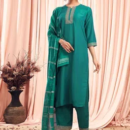 KALINI Floral Yoke Design Straight Kurta with Trousers & Dupatta-picture-0