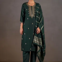 DRESOUL Floral Embroidered Sequinned Straight Kurta With Trouser & Dupatta-27