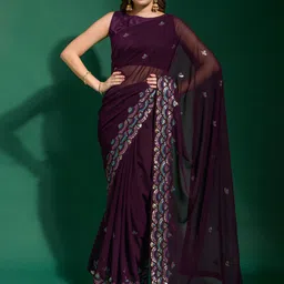 Sangria Solid Georgette Embellished Saree With Matching Blouse-image-61