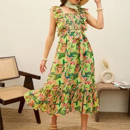 SASSAFRAS Floral Print Flutter Sleeve Georgette Fit & Flare Maxi Dress-picture-17