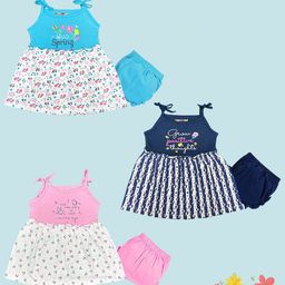 KUCHIPOO Girls Pack Of 3 Floral Printed Pure Cotton A-Line Knee Length Dress-image-5