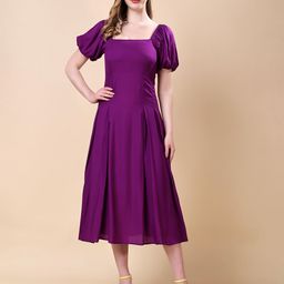 MODA-Q Women Solid Square Neck Puff Sleeve Fit & Flare Midi Dress-image-25