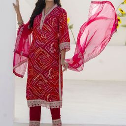 RANGREAL Women Bandhani Printed Regular Sequinned Kurta with Trousers & With Dupatta image 2