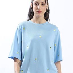 High Star Women Conversational Solid Round Neck Cotton Oversized T-shirt-image-58