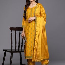 Libas Women Mustard Yellow Floral Kurta with Trousers & With Dupatta-picture-21