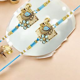 MEIRA JEWELLERY Set Of 2 Stones Studded & Beaded Peacock Thread Rakhis & Roli Chawal Card-17