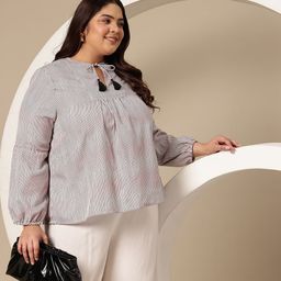 Sztori Plus Size Vertically Striped Gathered Detail Tie-Up Neck A-Line Top-picture-32