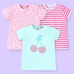 Babyhug Short Sleeves Cotton Striped and Cherry Graphics Top Pack of 3 - Pink Green-image-56