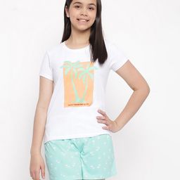 Lil Tomatoes Half Sleeves Coconut Trees Printed Night Suit - White-image-89