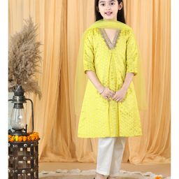 Piccolo Three Fourth Sleeves All Over Flower Motif Detailed A Line Silk Brocade Kurta With Salwar & Dupatta - Yellow-image-74