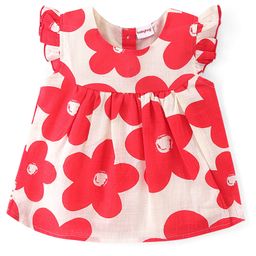 Babyhug 100% Cotton Frill Sleeves Woven Top With Floral Print - Red & White-image-47