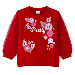 Babyhug Knit Full Balloon Sleeves Sweatshirt With Floral Graphics Foil Print & Mesh Detailing - Red-image-97