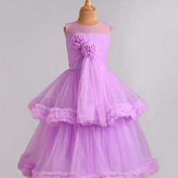Bluebell Net Woven Sleeveless Layered Frock with Floral Corsage - Purple-picture-7