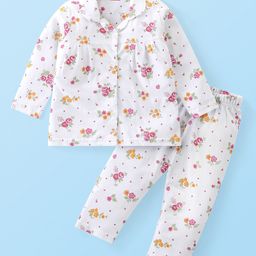 Babyhug Cotton Knit Full Sleeves Night Suit With Floral Print - White-image-97