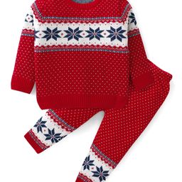 Babyhug Knit Full Sleeves Sweater Set with Aztec Design - Red-image-47