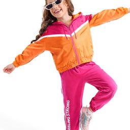 Ollington St. Cotton Knit Winterwear Set Of Full Sleeves Colorblocked Hoodie & Joggers - Pink & Green-image-72