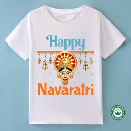 BLUSHES Half Sleeves Navaratri Theme 100% Cotton Happy Navratri Text Printed Tee - White-picture-7