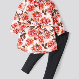 CrayonFlakes Full Sleeves Floral Printed Long Shirt Dress & Legging Set - Offwhite-image-91