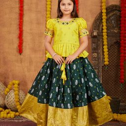 Aarika Silk Half Puffed Sleeves Floral Embroidered & Printed Lace Embellished Lehenga Choli Set - Yellow & Green-image-92