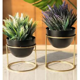 VOIDROP Set of 2 Metal Plant Pot with Stand | Flower Indoor Planter | Living Room Outdoor Garden | Office Desk Pot with Gold Metal Stand for Herbs Orchids Cacti Succulents,Set of 2-image-48