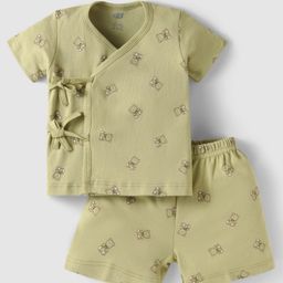 Zero Sinker Knit Half Sleeves Shorts Night Suit With Teddy Bear Print - Green-image-91