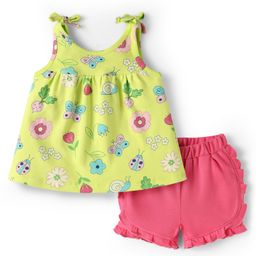 Babyoye 100% Cotton Knit with Eco Jiva Finish Sleeveless Elasticated Pull On Top & Shorts Set With Floral & Butterfly Print - Light Green & Pink-image-50