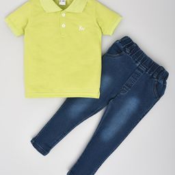 Kiwi Cotton Half Sleeves Solid Polo Tee & Denim Jeans Set - Neon Green & Blue-image-89