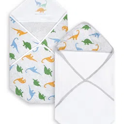 My Milestones 100% Cotton Interlock Hooded Baby Wrappers With Dino Print Pack of 2 - White-picture-11