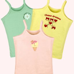 Kiddopanti Cotton Pack Of 3 Sleeveless Floral & Ice Cream Printed Camisoles - Light Green Yellow & Baby Pink-image-39