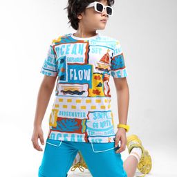 OLLINGTON ST. Cotton Half Sleeves Beach Theme Printed T-Shirt & Knit Shorts Set - Multicolor & Light Blue-image-105