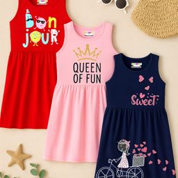 KUCHIPOO Cotton Knit Pack Of 3 Sleeveless Hearts & Typography Printed Dresses - Red Navy Blue & Pink-image-25
