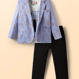 Rikidoos Full Sleeves Alphabets Printed Blazer With Tee & Pant Set - Light Blue & Black-image-92
