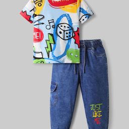 OLLINGTON ST. Cotton Sinker Knit Half Sleeves Printed T-Shirt & Denim Joggers - Multicolor & Indigo Blue-picture-27