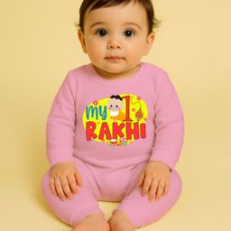 The Peppy Tend 100% Cotton Knit Raksha Bandhan Theme Full Sleeves My 1st Rakhi Text Printed Romper - Pink-image-98