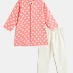Campana 100% Cotton Woven Full Sleeves Floral Printed Kurta Pyjama Set - Peach & White-image-50