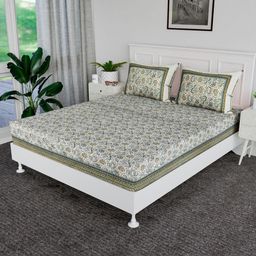 RUBOXA Green & White Floral Printed Cotton 144 TC King Bedsheet Set-2.72 m x 2.55 m-33