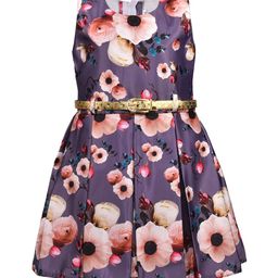 Wish Karo Girls Purple & Peach-Coloured Floral Print Silk Satin A-Line Dress with Belt-image-81